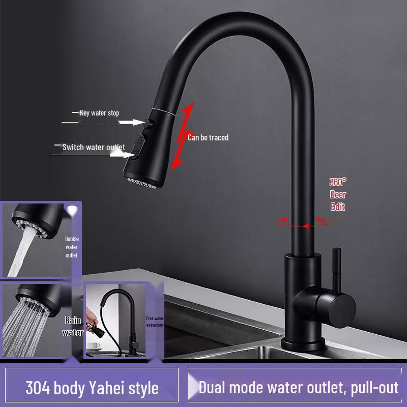 304 Stainless Steel Pull-Out Kitchen Faucet with Rotatable Hot & Cold Feature