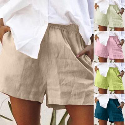 Mode Frauen Einfarbig Baumwolle Leinen Shorts Lose Tasche Casual Shorts