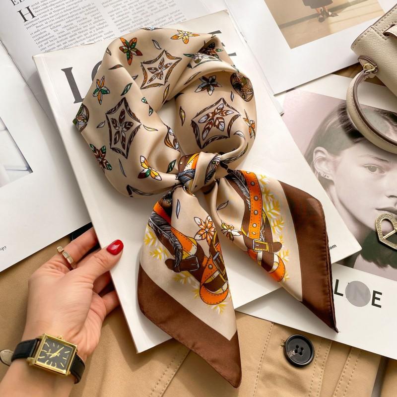 Elegant Silk-Like Square Scarf Women Korean Style Print Neck Lightweight 70x70cm Nylon Fashion Accessory