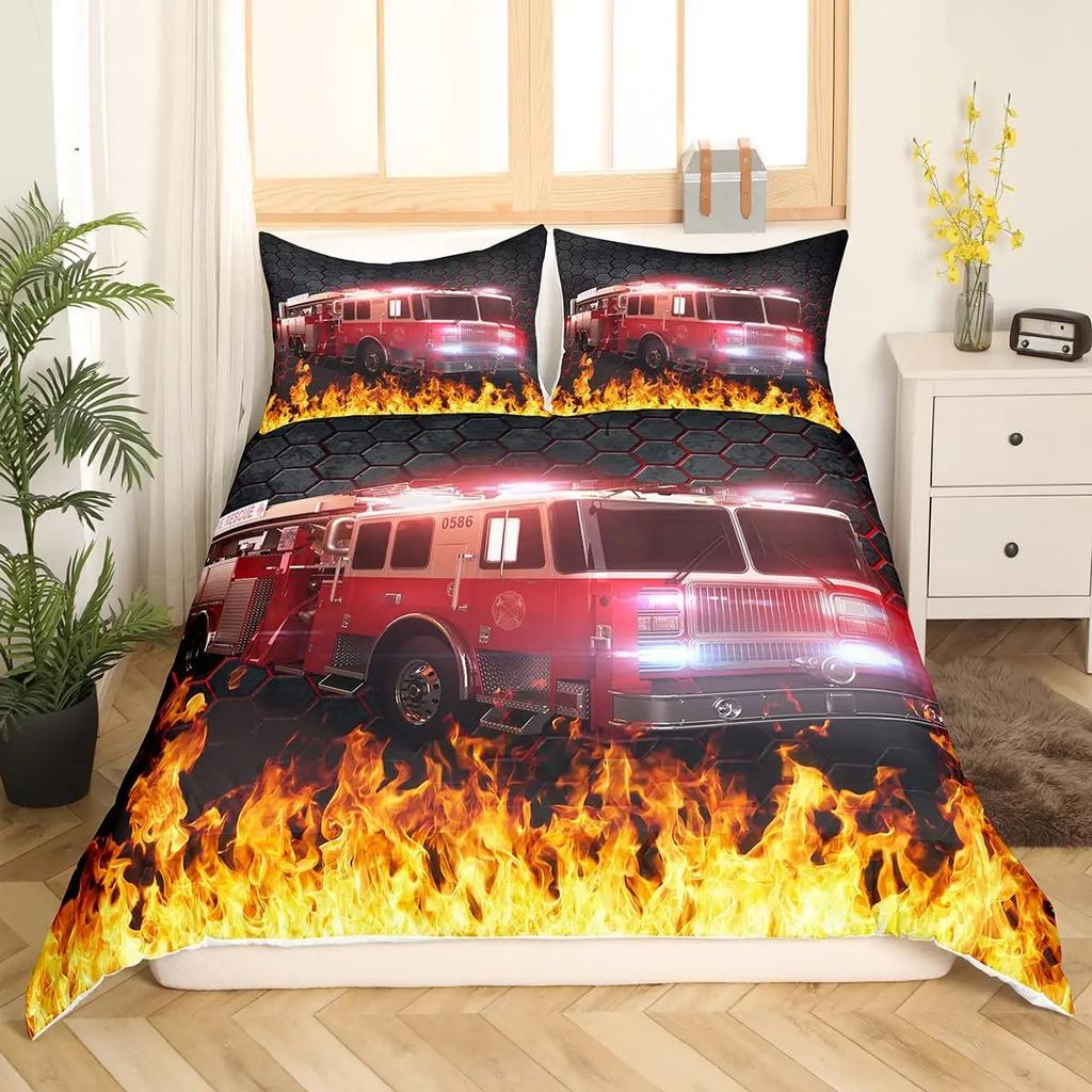 Firefighter Truck Duvet Cover King/Queen Size Red Firemen Car Bedding Set For Boys Girls Fire Engine Polyester Quilt Cover