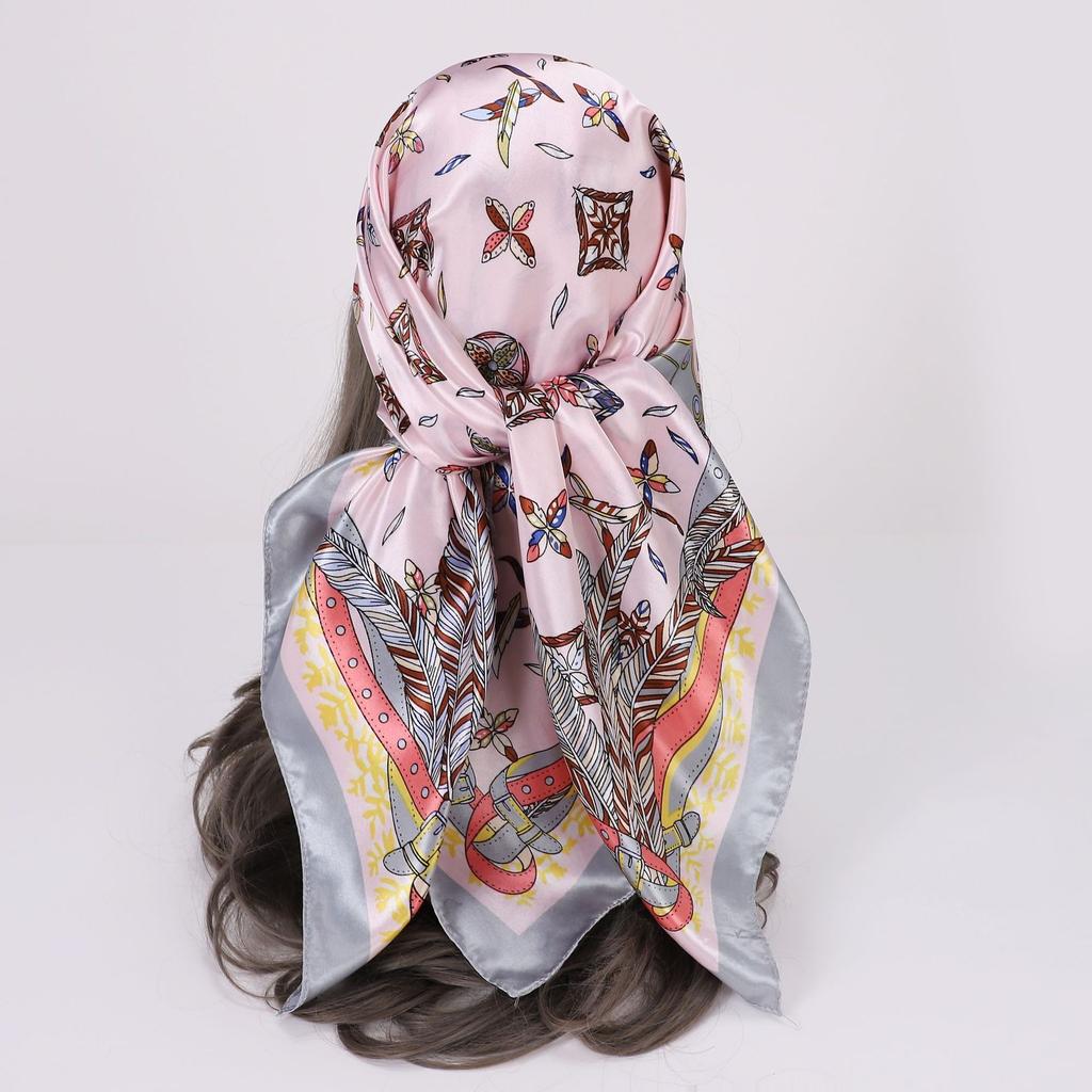 90 * 90Cm Square Scarf, Simulated Silk Scarf, Women'S Headscarf Co Contrasting Color Shawl Stripe Simple