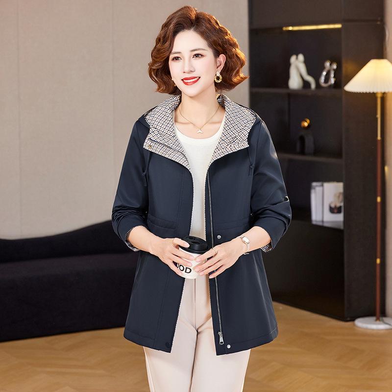 

Spring Plaid Patchwork Hooded Trench Coat for Middle-Aged and Elderly Women 4XL [For 145-155 lbs] темно-синий