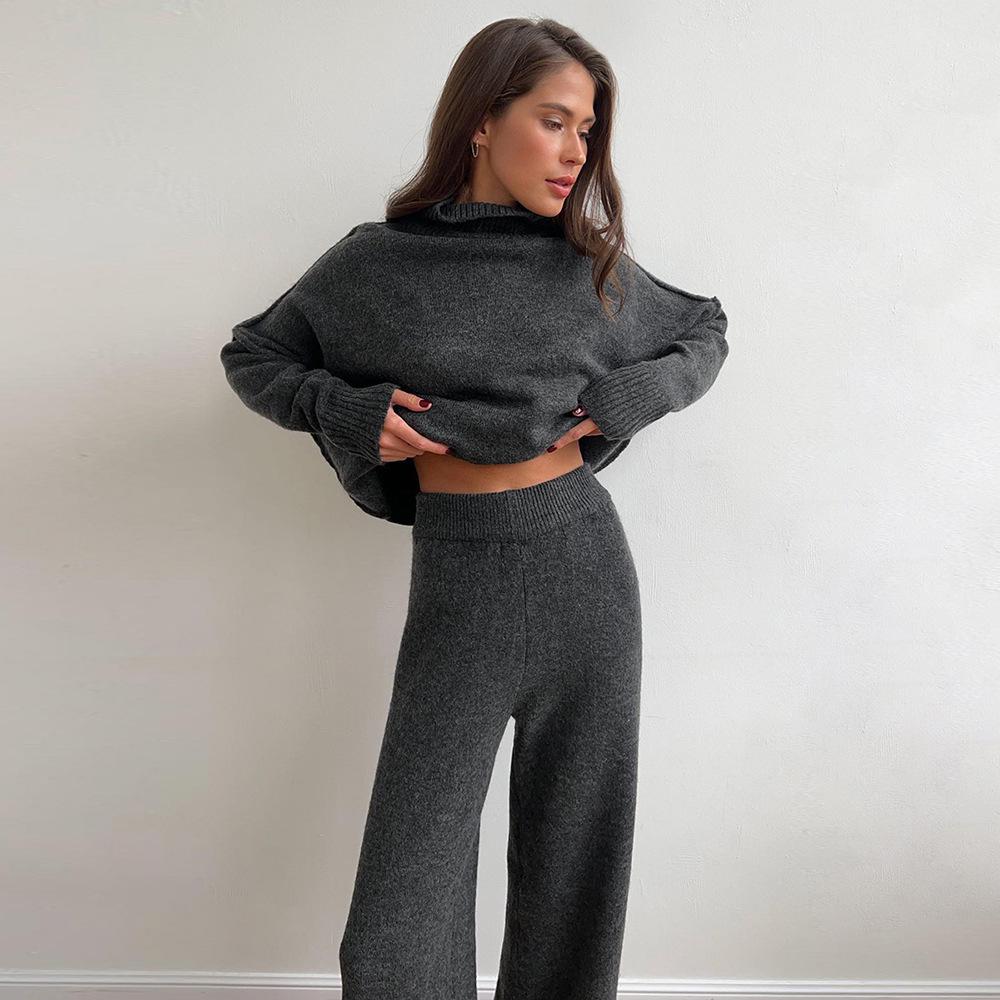 Set Maglione a Collo Alto e Pantaloni in Maglia da Donna Autunno/Inverno - Stile Europeo/Americano, Vestibilità Ampia, Spesso, Casual