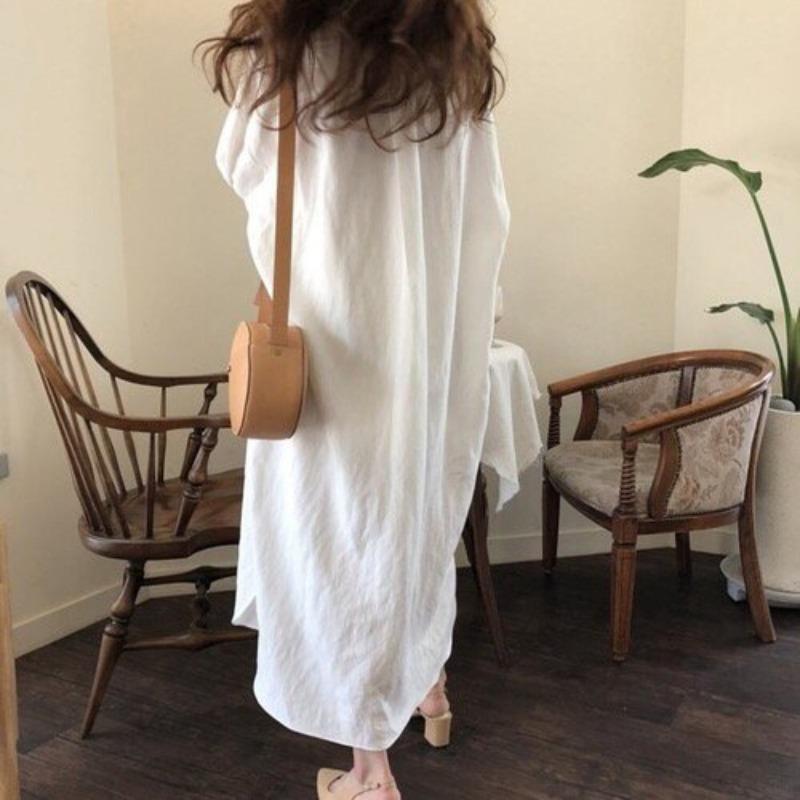 New Korean Fashion Women Shirt Long Dress Cotton and Linen Sunscreen Simple Shirt Single Breasted Lapel Solid Color Elegant Maxi Dresses Clothing 2966