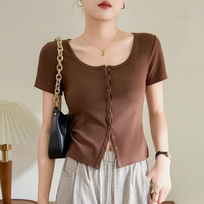 Women's Single Row of Buttons T-shirt Short-sleeved Summer New Threaded Cotton High-waisted Short Tops