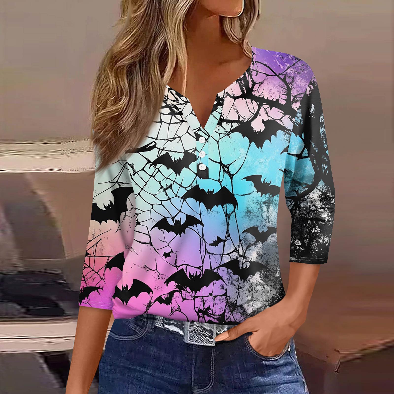 

Женская модная повседневная футболка с V-образным вырезом, рукавами семь, напечатанным на пуговицах XXL синий