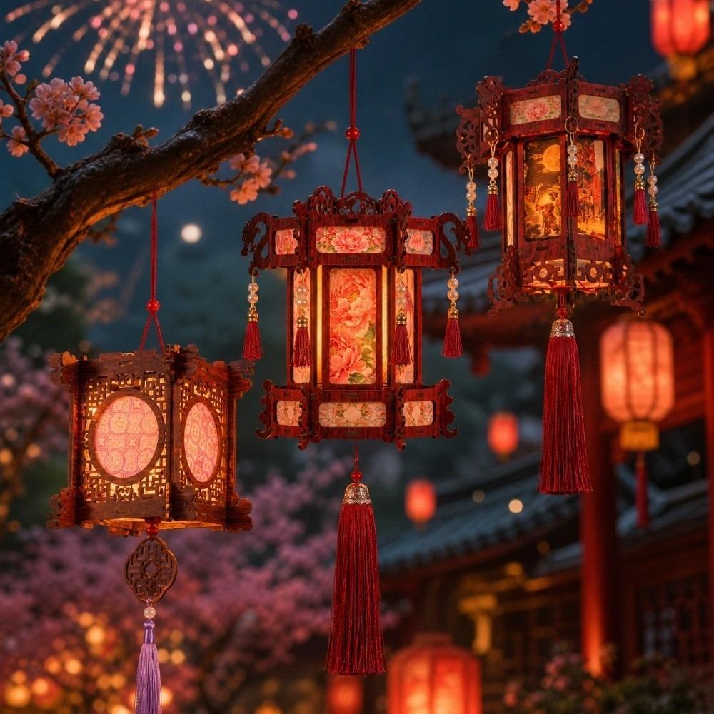 New Year DIY Spring Festival Lanterns Luxury LED Luminous Wooden Lanterns Festival Decorations