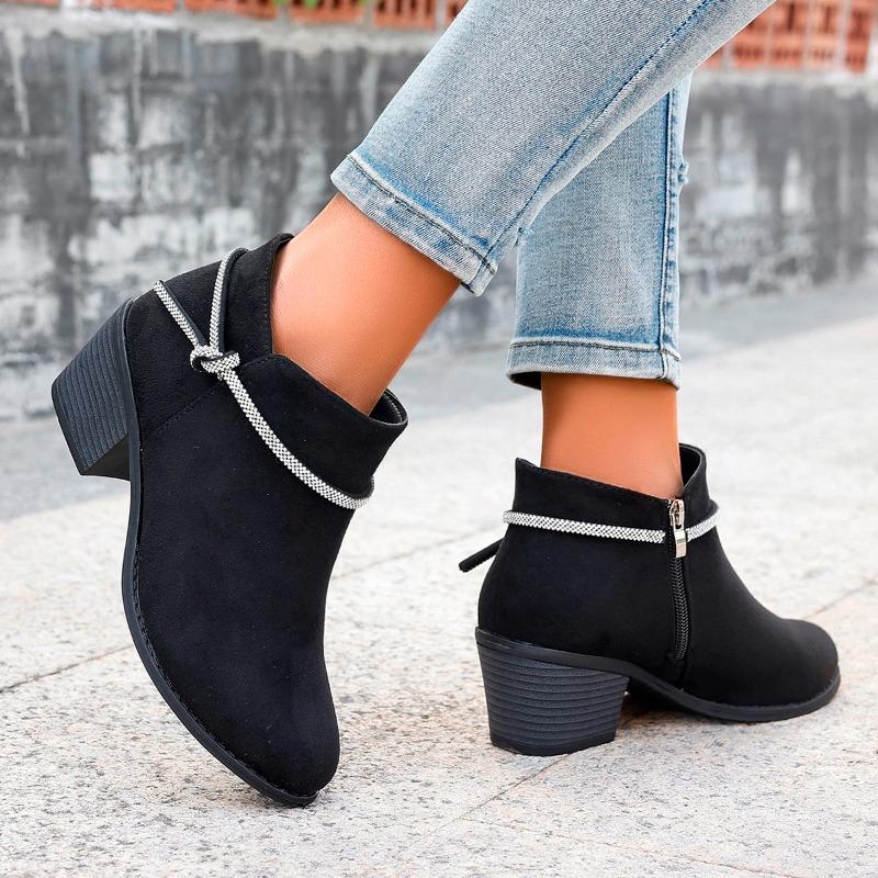 Fashion Women's Chunky Single Boots Autumn New Pointed Head Cattle Suede Side Zipper Rhinestone Anti-slip Wear-resistant Short Boots