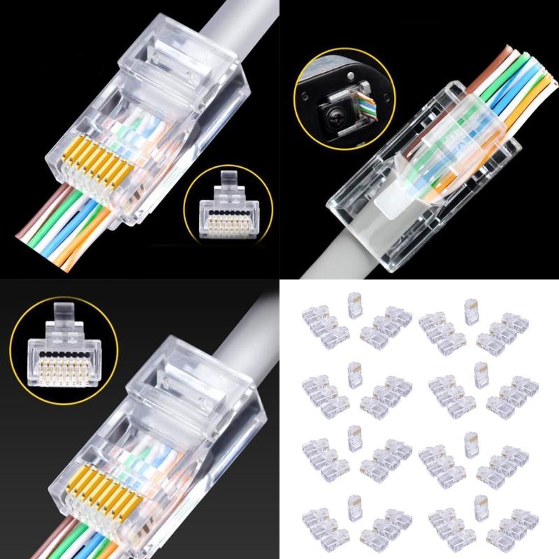 100pcs Cat6 RJ45 Ends, 8P8C Cat6 RJ45 Connectors Clear Ethernet Crimp Connectors For UTP Networking Cable 24-26AWG