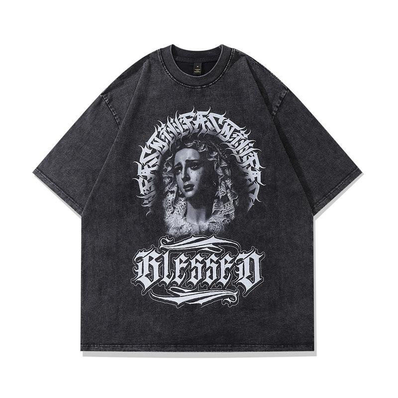 Heavy Cotton Short-Sleeved T-Shirt American Vintage Retro Trendy Brand Printing Washed Old Half-Sleeved Top Men