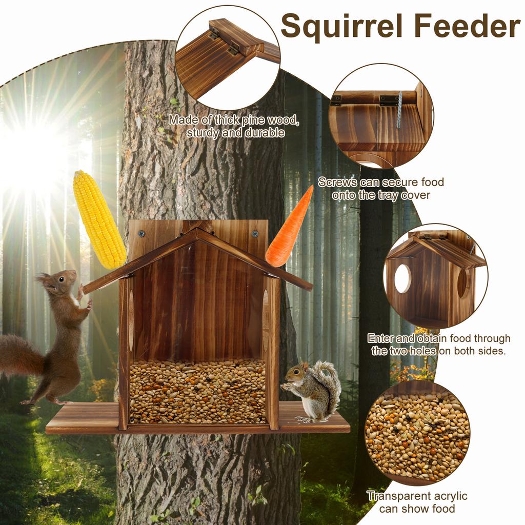 Squirrel Feeder For Outside Wooden Chipmunk Feeder Squirrel House For Corn, Peanuts Large Capacity Squirrel Feeding Stations
