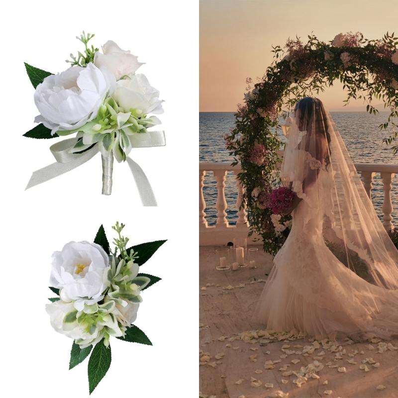 5Pcs Wrist Corsages Bracelets Artificial Rose Boutonniere for Grooms and Bride Wedding Party Proms Suit Decorations