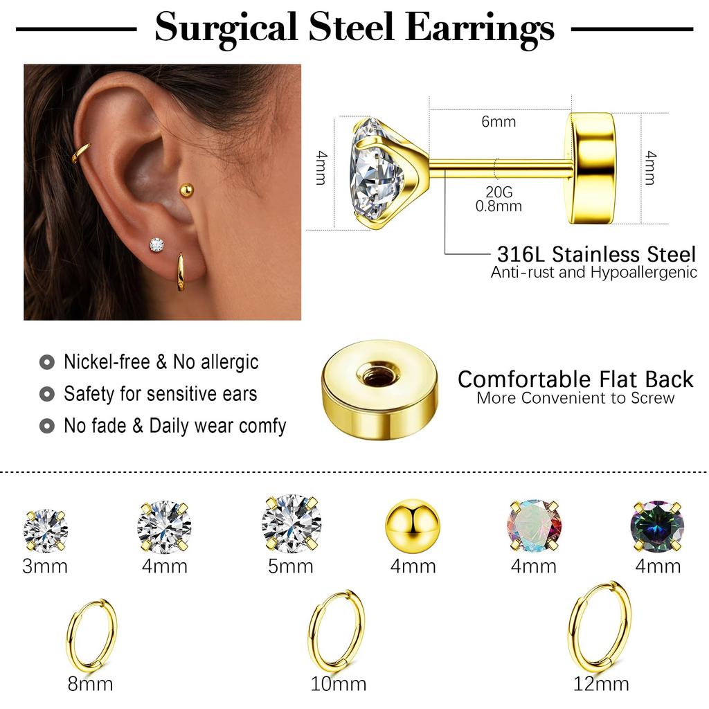 9 Pairs Flat Back Stud Earrings Sets for Multiple Piercing Small Silver Flat Back Surgical Steel Tiny Ball Pearl Cubic Zirconia