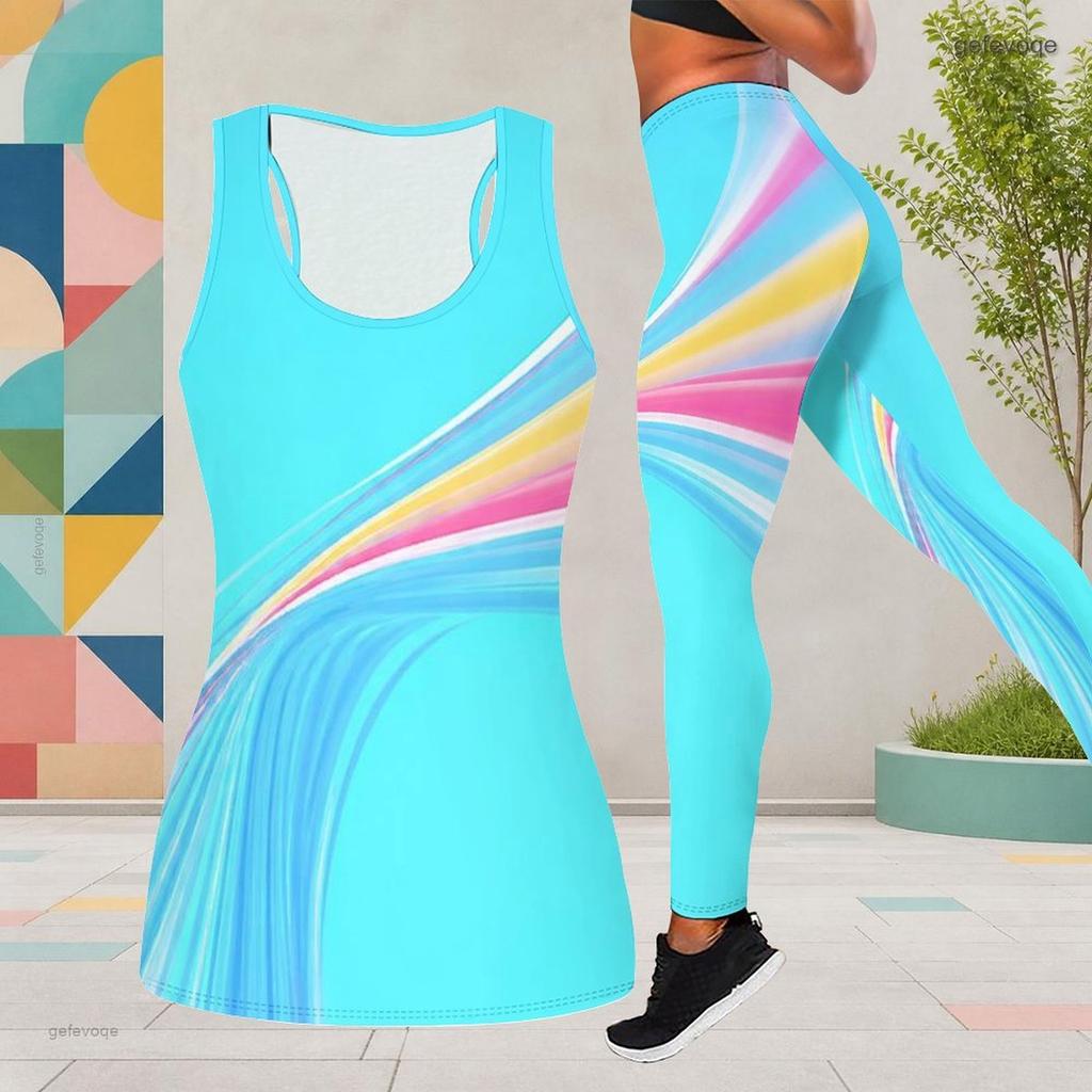 Women Plus Size Two Piece Set Scoop Neck Sleeveless Longline Tank Top Fitted Colorful Printed Pants