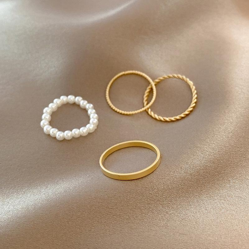 4-Pack Cold Style Pearl & Gold Matte Stacking Rings for Women