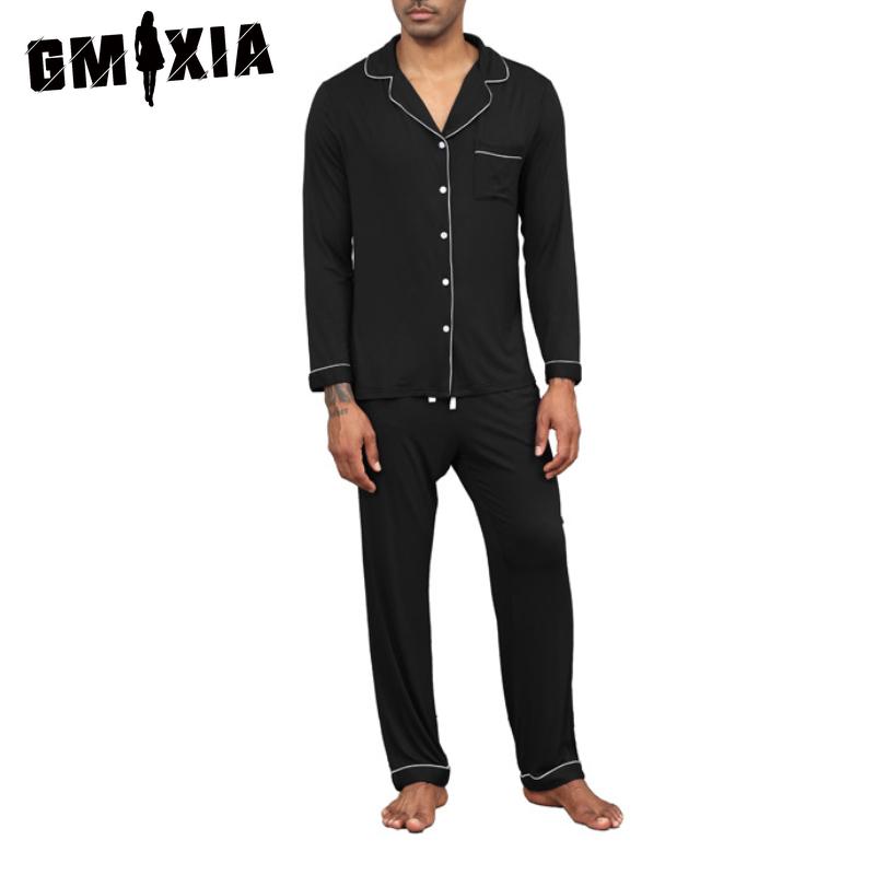 GMXIA Spring, Summer and Autumn Men's Pajamas Set Long-sleeved POLO Neck  Solid Colour Cardigan Homewear
