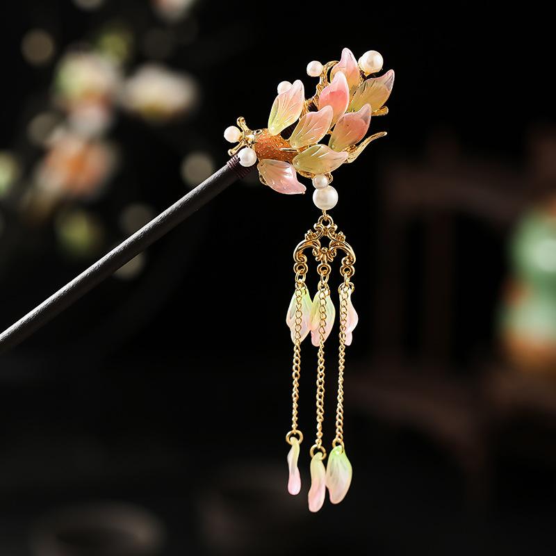 1 Stück Glas Fisch Haarnadel Antiker Kopfschmuck Sandelholz Haarnadel Frische Blütenblatt Haarnadel Neuer Chinesischer Stil Blütenblatt Quaste Haarnadel