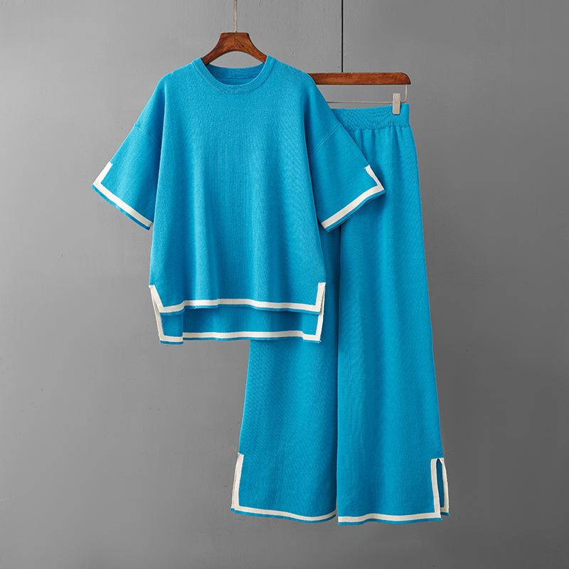 Women's Temperament Color Collision Open Short-sleeved Knit Shirt High-waisted Slim Wide-legged Pants Two-piece Set