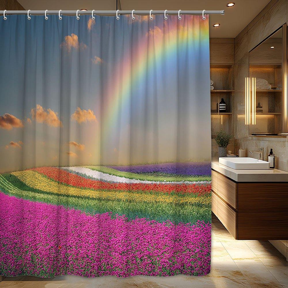 Vibrant Rainbow Floral Shower Curtain - Colorful Nature Scene, Polyester, Cheerful Flower Design for Modern Bathrooms