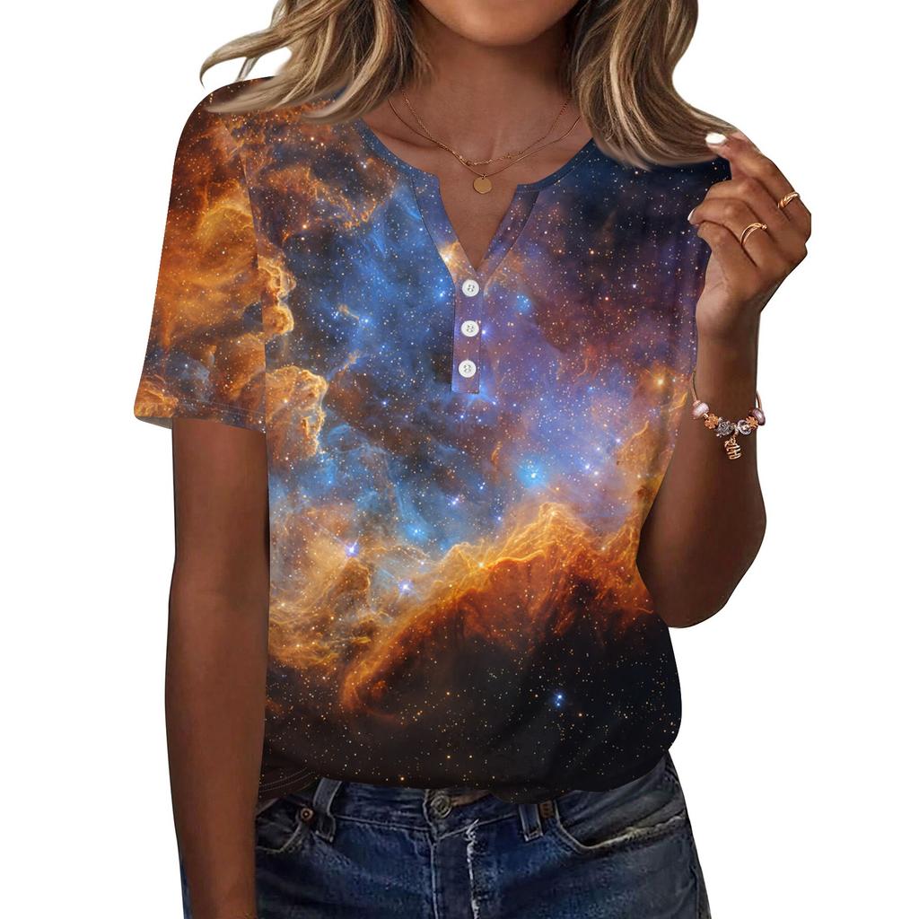 Damen T-Shirt mit Aufdruck und Knopfleiste, kurzärmelig, für den Alltag, Wochenendmode, Basic, V-Ausschnitt, normales Oberteil