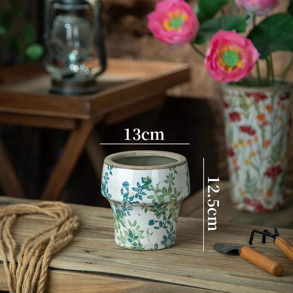 Retro Blue & White Distressed Ceramic Succulent Pot – Simple Decorative Vase for Green Plants & Flowers