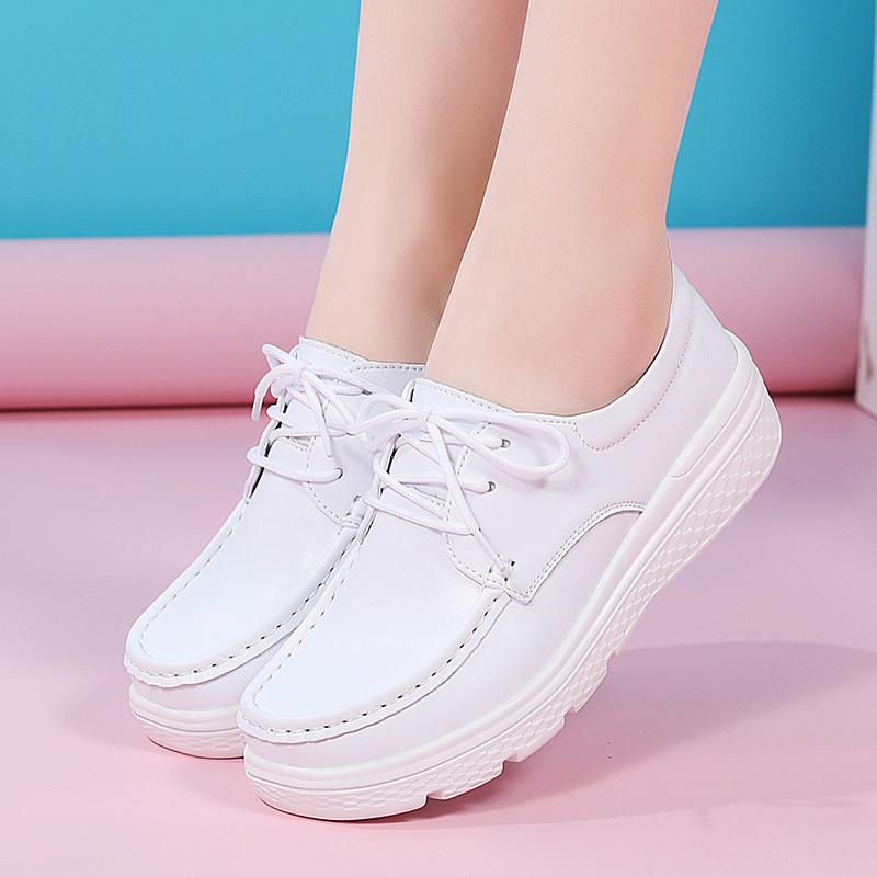 GKTINOO Women's Walking Shoes Loafers Wedges Lace-up Genuine Leather Shoes Thick Bottom Comfortable Nurse Work Shoes White