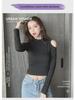 Women's Black Off-Shoulder Long Sleeve Crop Tops - Autumn/Winter High Collar Cotton Fashion T-Shirts