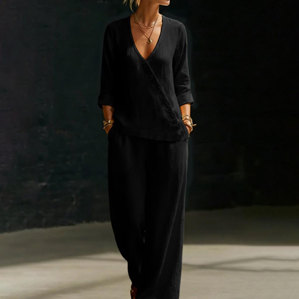 Conjunto Feminino de Duas Peças Blusa com Botões e Decote em V com Calça de Perna Larga Caimento Solto Roupa Casual Adequada para o Dia a Dia