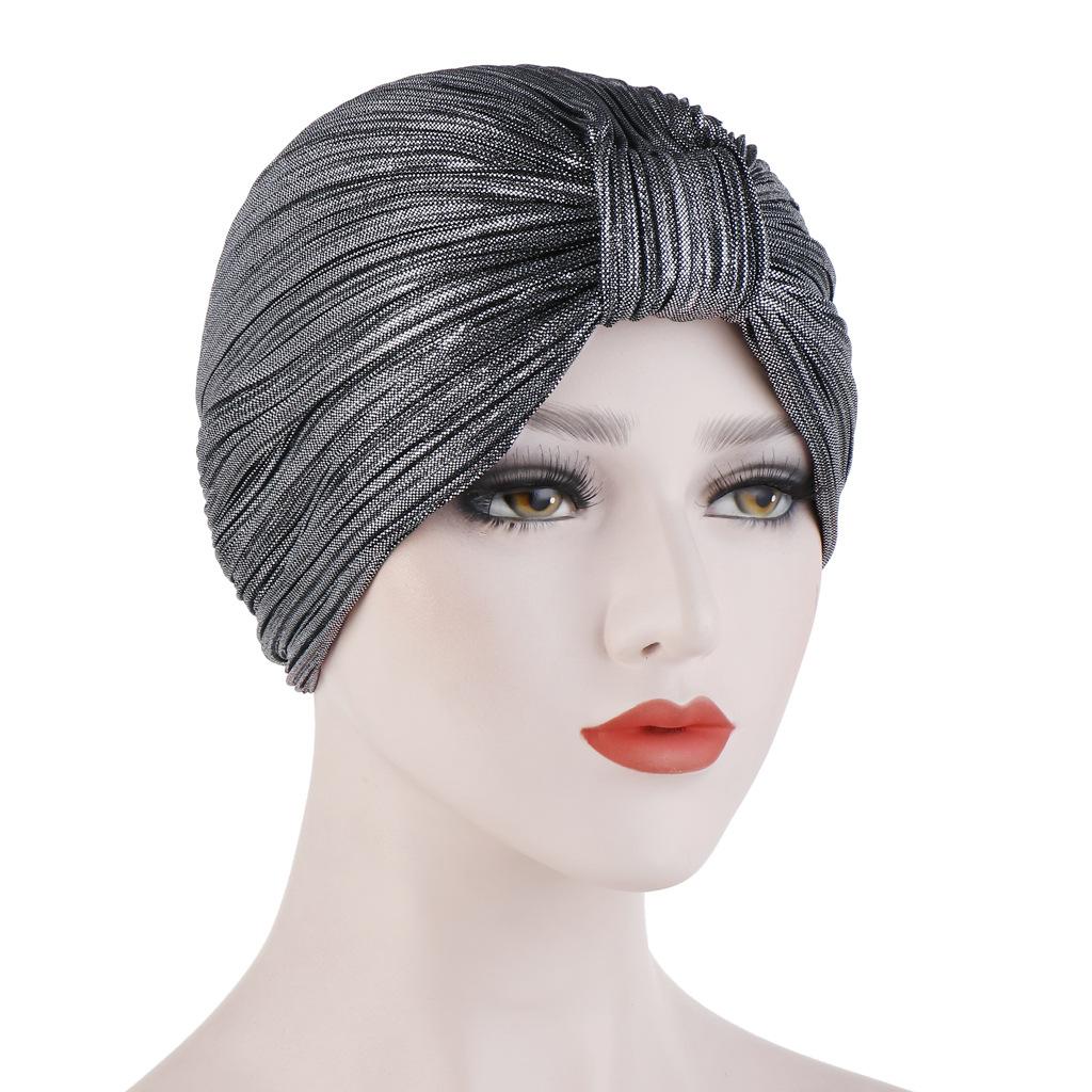 Chemo Cancer Hat Cap Pleated Turban Women Stretch Knotted Shiny Muslim Headscarf