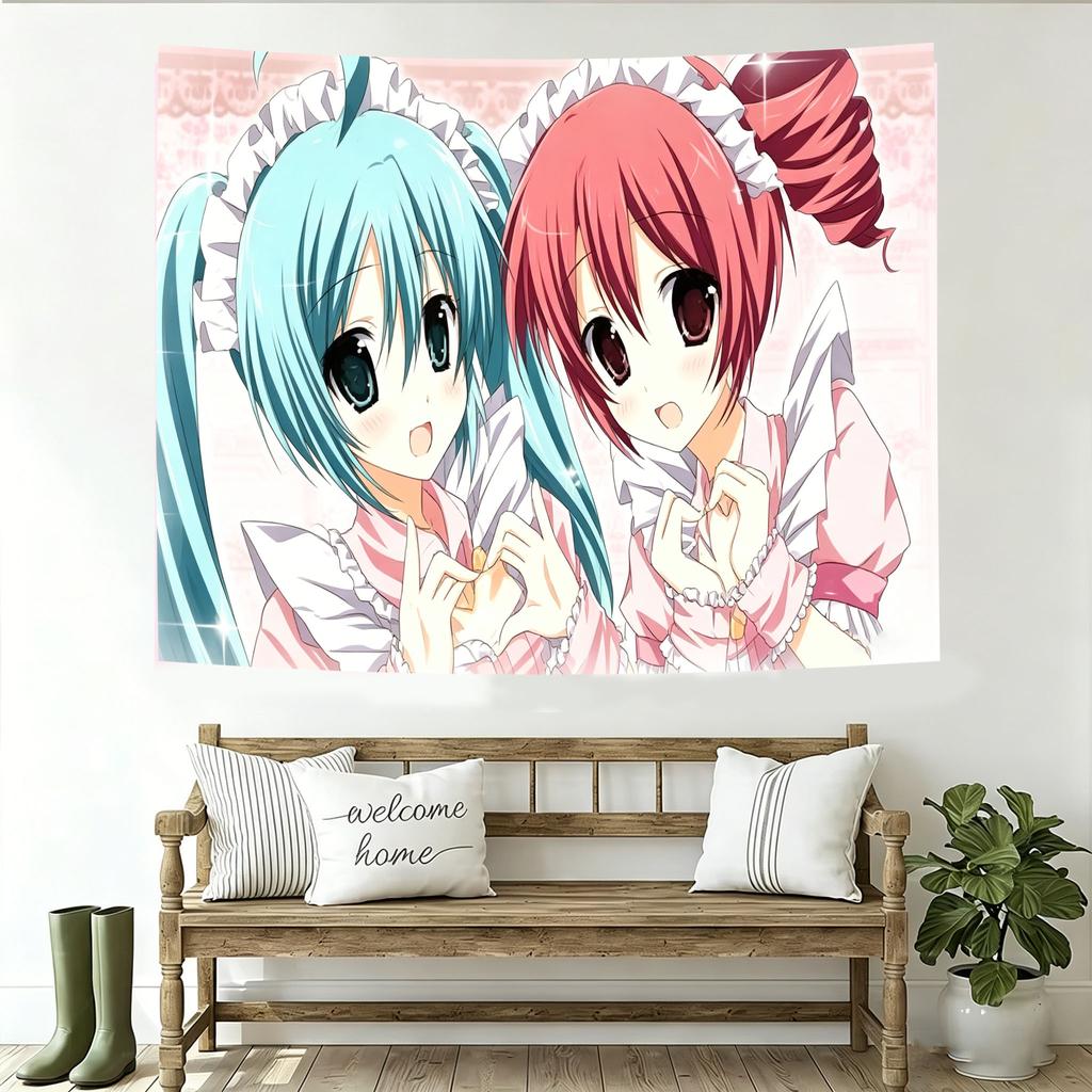 Anime Maid Girls Tapestry Pink Aesthetic Wall Hanging with Quote Cute Pastel Decor for Bedroom Dorm LivingRoom Anime Merchandise