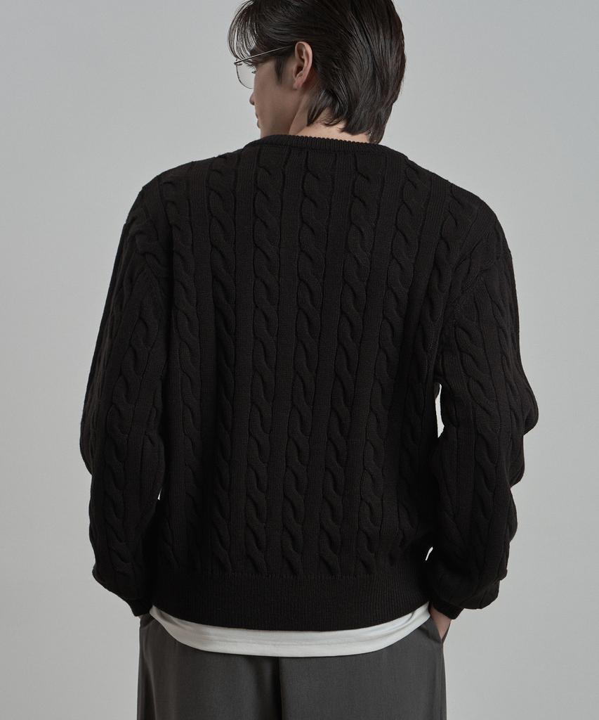 WORK ON BODY OFF Tord Semi-Overfit Cable Henley Neck Knit [Black]