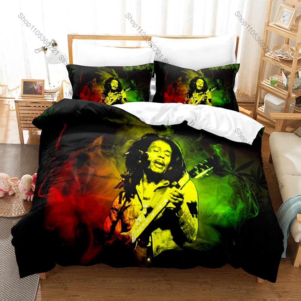 Jamaican Reggae Bob Marley Lion Bedding Set 3 Pieces Vintage Art Print Duvet Cover Set with 2 Pillowcases for Fans
