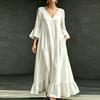 Women's Casual Color Cotton Linen V-Neck Three-Quarter Sleeve Dress with Pockets Loose Fit