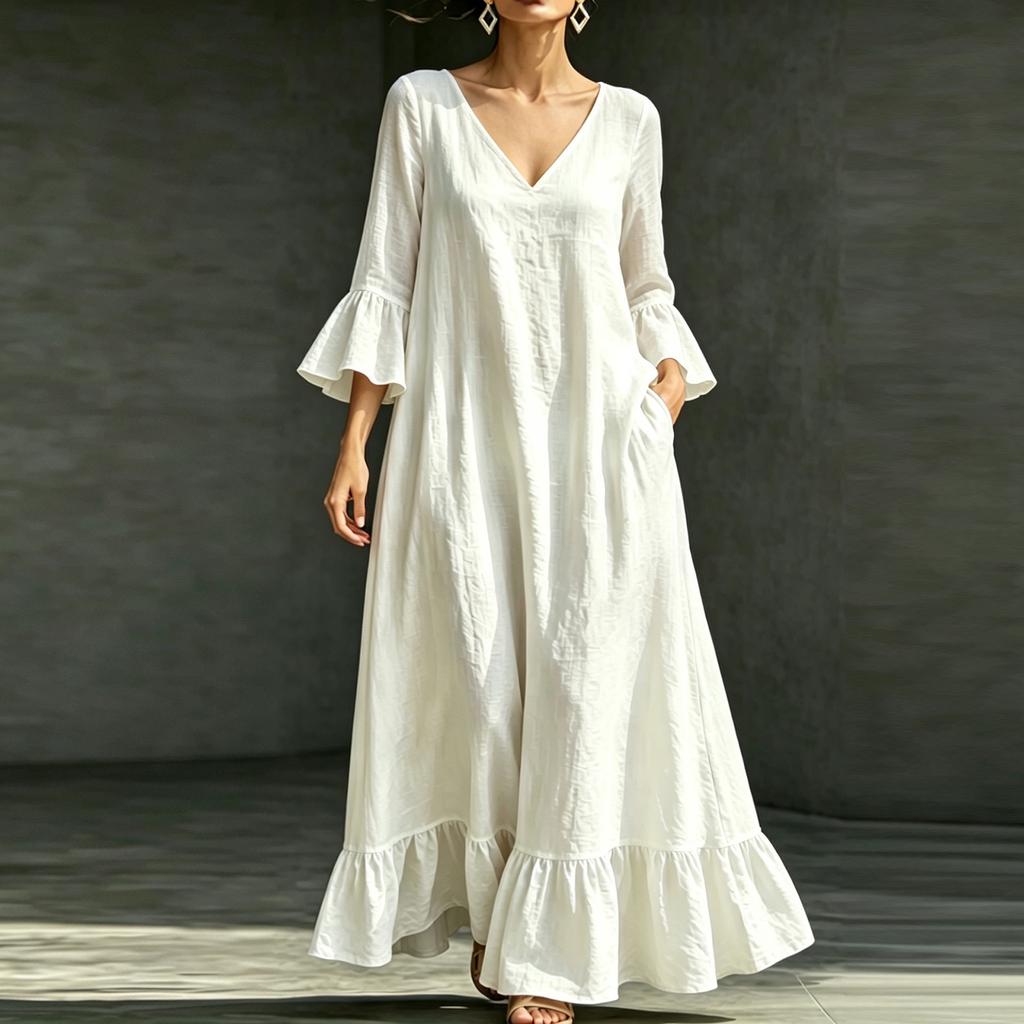 Women's Casual Color Cotton Linen V-Neck Three-Quarter Sleeve Dress with Pockets Loose Fit