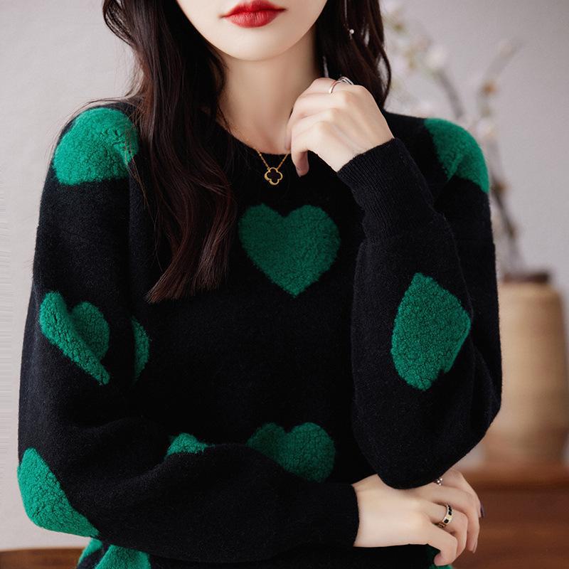 

Женский свитер с длинными рукавами и круглым вырезом на осень/зиму – свободный пуловер с жаккардовым узором в корейском стиле One Size темно-зеленого