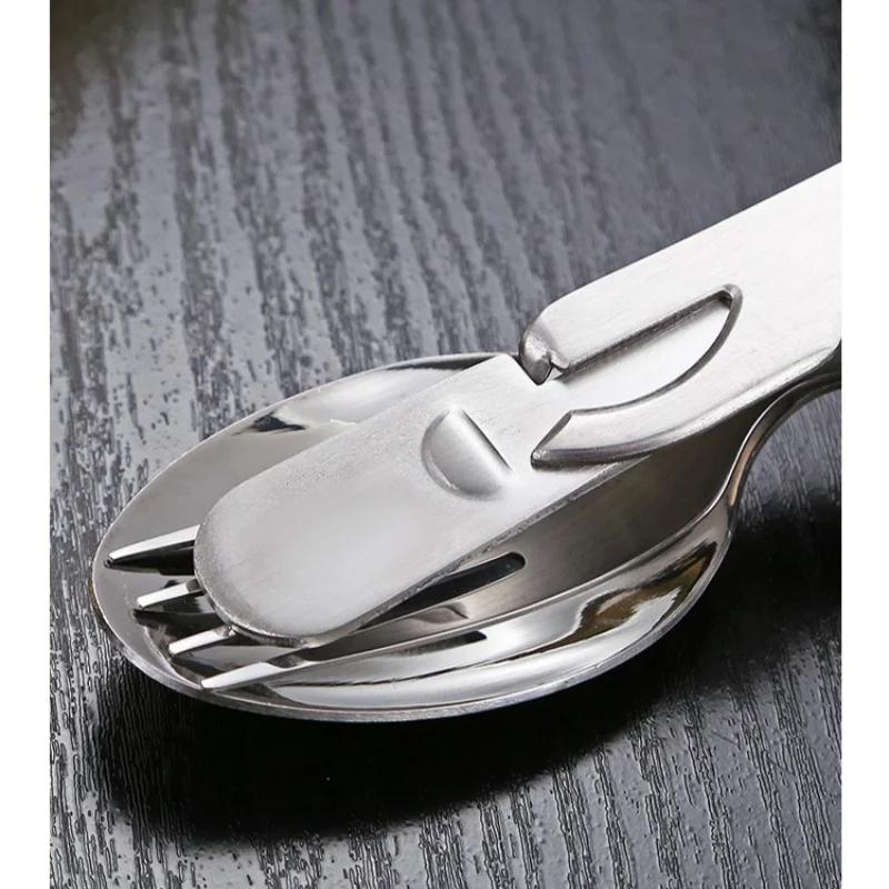 4-in-1 Portable Stainless Steel Camping Spoon, Fork, Knife and Can/Bottle Opener, Military Camping Utensils