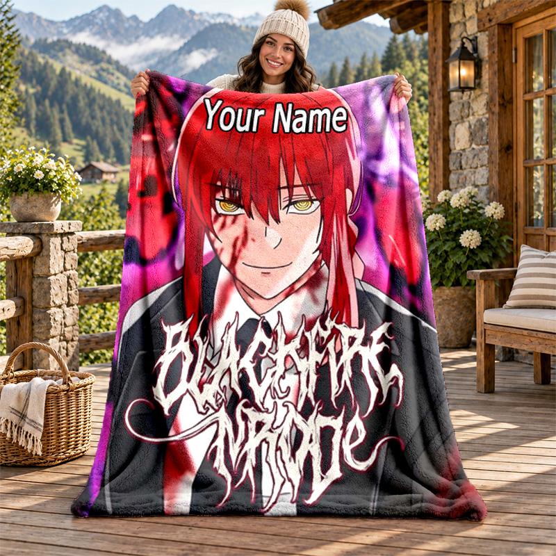 Coperta in Flanella con Nome Personalizzato Chainsaw Man Morbida Calda Coperta Plaid in Peluche Regalo Personalizzato per Famiglia Amici