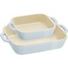 "Set of 2 Rectangular Dishes (14x11cm / 20x16cm) In Macaron Blue" Ceramic Gratin Dish Set, Oven and Microwave Safe [Official Japanese Product] D