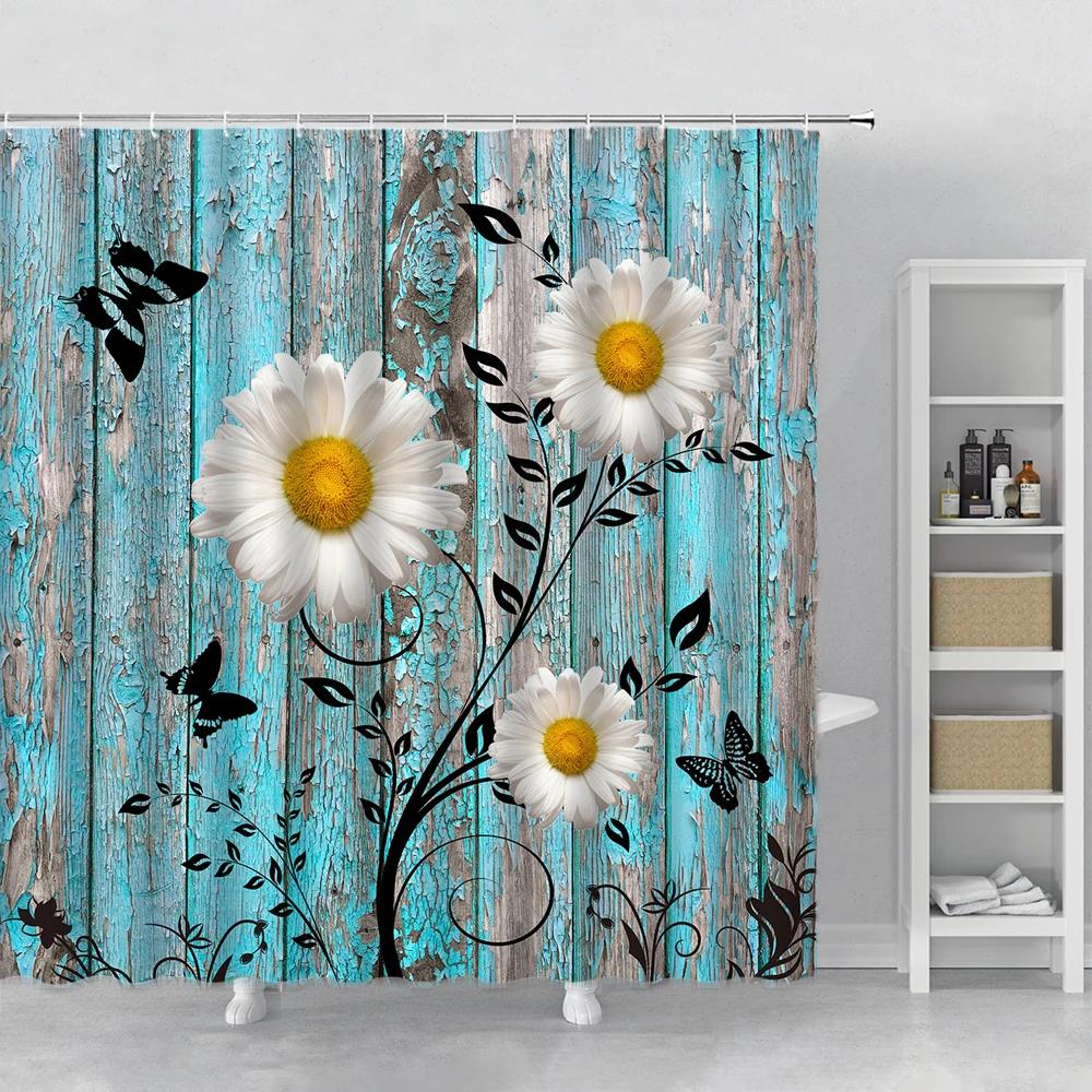 Flower Shower Curtain Set Orchid Teal Rose Plant Floral Leaves Print Bathroom Decor Fabric Bath Curtain Bathtub Accessories Hook
