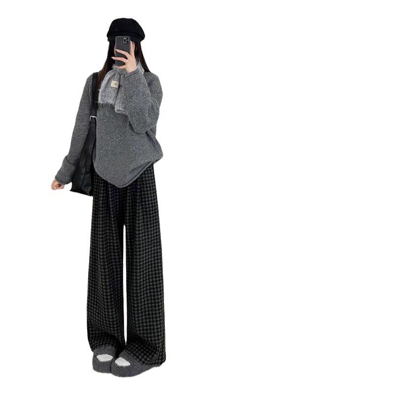 Women's High-Waisted Black & Gray Plaid Wide-Leg Pants - Slimming Casual Fit, Autumn/Winter Collection, Petite Size, Plus Velvet.
