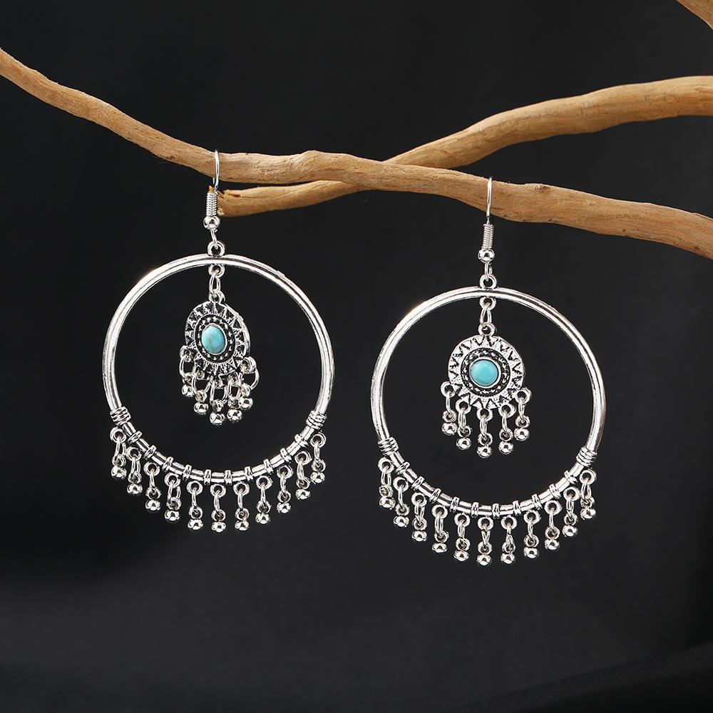 Vintage Ethnic Jewelry Bohemian Antique Silver Color Alloy Imitation Turquoise Tassel Earrings For Women's Party Accessories