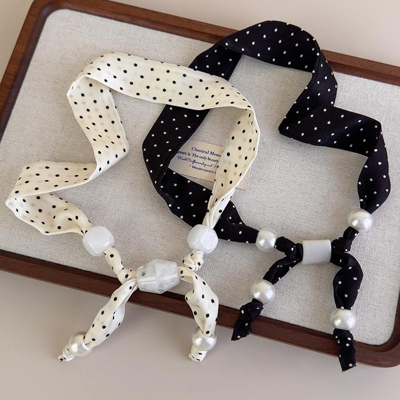 Fashion Black White Polka Dot Scarf Necklace for Women Boho Imitation Pearl Adjustable Neck Chain Hawaiian Jewelry Accessories
