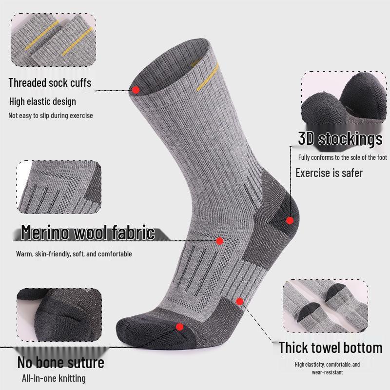 Men's & Women's Merino Wool Hiking Socks - Thick, Warm, Sweat-Absorbent, Breathable, Terry Loop Pile for Mountaineering and Sports