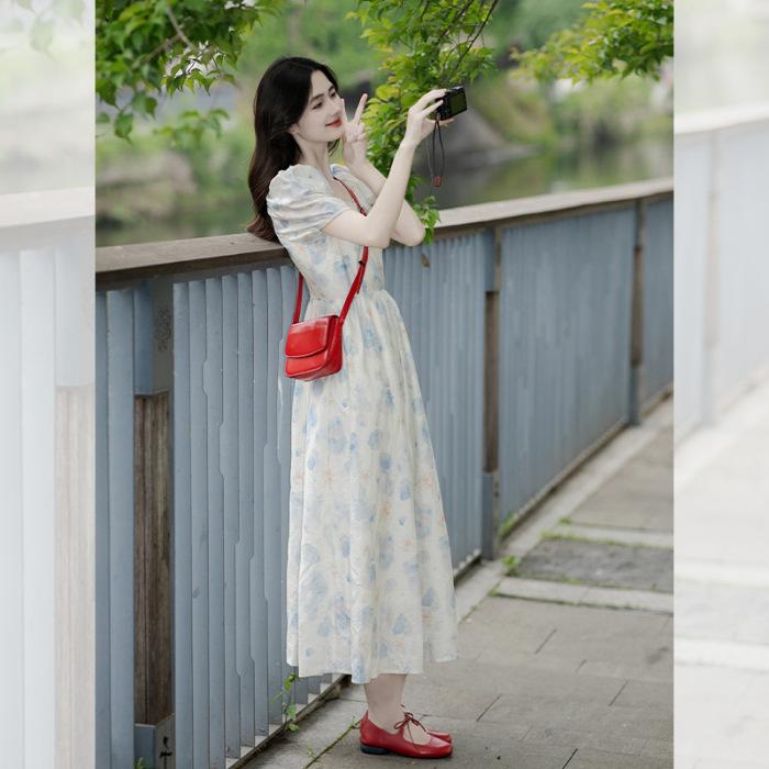 

Coffee break French retro gentle wind sweet high-end temperament on the run princess floral dress summer new S