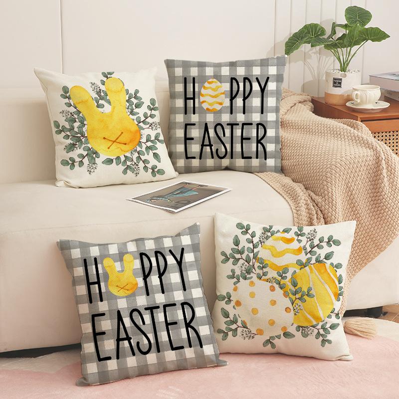 Easter Bunny Printed Pillow Gray Set Plaid Square Pillowcase Living Room Decorative Sofa Cushion
