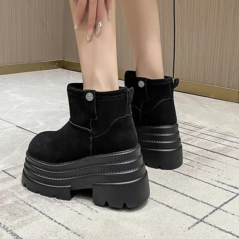 Fashion 10CM Women Snow Boots Non-slip Winter Warm Plush Short Boots Thick Fur High Platform Ankle Boots Suede Leather Chunky Sneakers