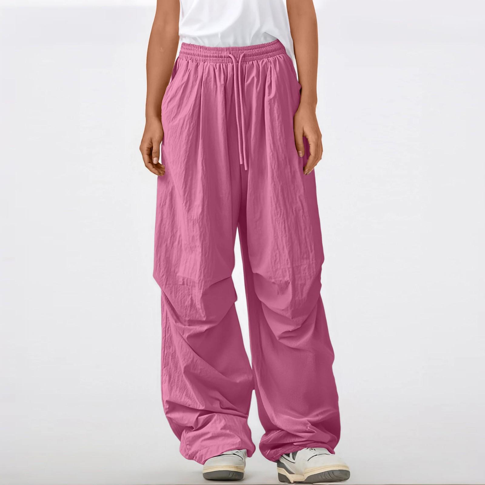 

Женские брюки прямого кроя с высокой талией на кулиске и карманом однотонные XL горячий розовый