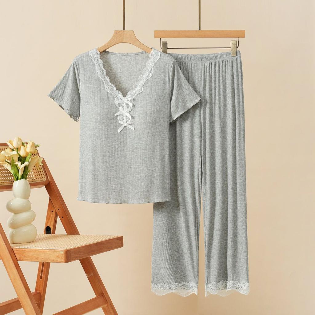 Women Suits Sets Lace-Trimmed Padded Nightgown Set with Short-Sleeve Top and Long Pants for Women Pants Two-piece Oversize 2PC Suit