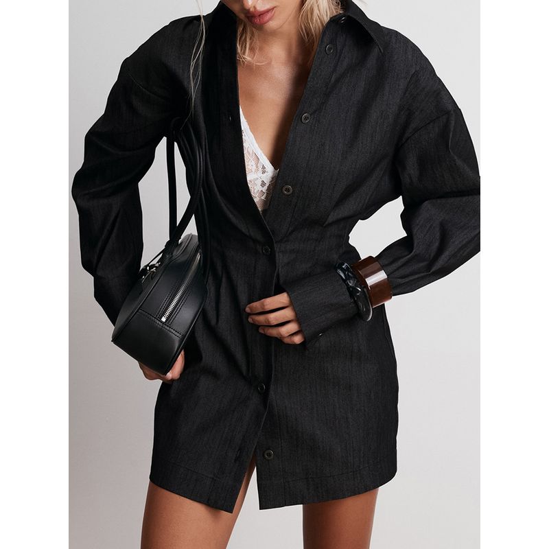 

European and American Ladies Dress Lapel Long Sleeves Fashion Cinched Short Dress Pure Color Stylish Autumn Skirt Black L