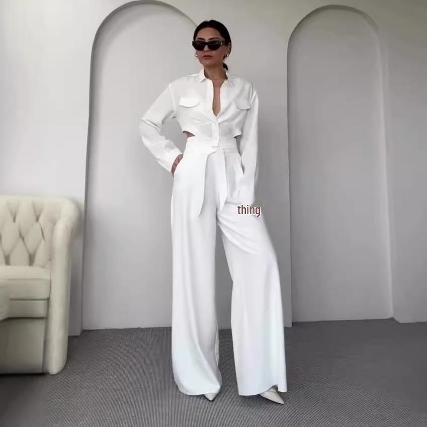 2024 Autumn Women's Solid Color Hollow Out Top & Wide Leg Pants Set